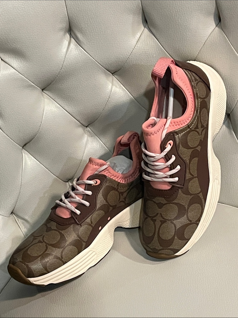 Coach Brown Signature Canvas Sneakers with Pink Trim Eye Catching Beautiful